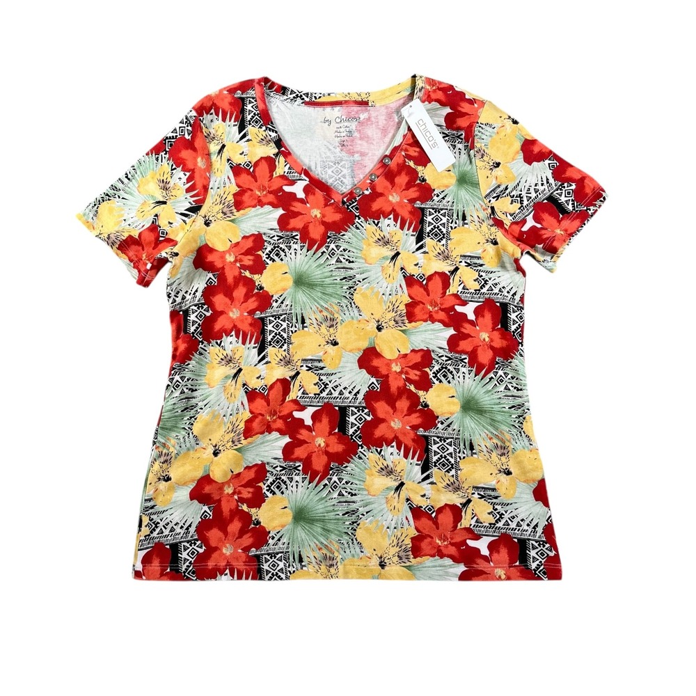 Chicos NWT Aztec Paradise Red Yellow‎ Floral Becky Button V Neck Knit Top Size 2
